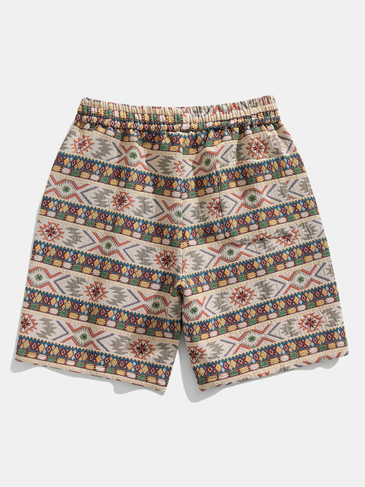 Ethnic Geometric Jacquard Drawstring Shorts - Naturzy