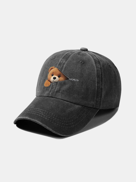 Zipper Bear Pattern Casual Washed Cotton Baseball Cap - Naturzy