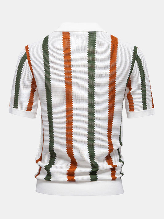 Stripe Knit V Neck Polo Shirt - Naturzy
