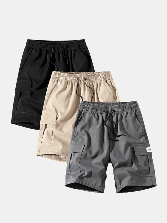 3 Pieces Solid Color Cargo Drawstring Shorts - Naturzy