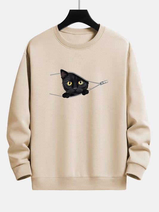 Zipper Black Cat Print Relax Fit Sweatshirt