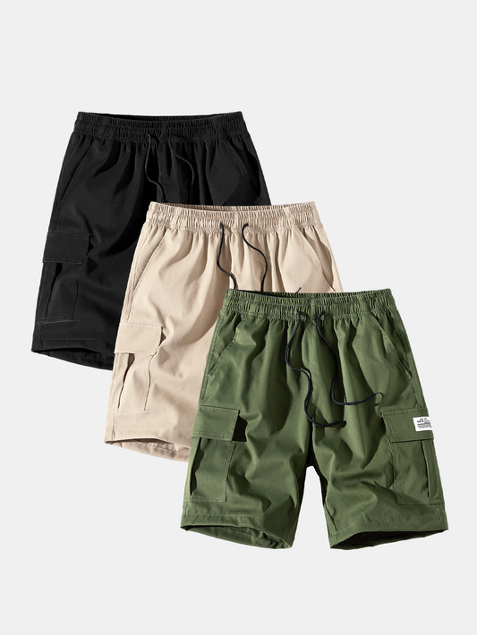 3 Pieces Solid Color Cargo Drawstring Shorts - Naturzy