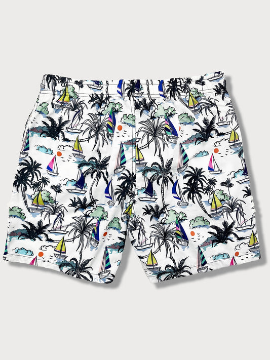 Palm Tree Sailboat Print Swim Shorts - Naturzy