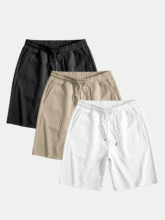 3 Pieces Diamond Geometric Jacquard Drawstring Shorts - Naturzy