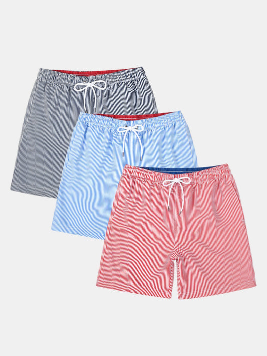 3 Pieces Vertical Striped Drawstring Swim Shorts - Naturzy