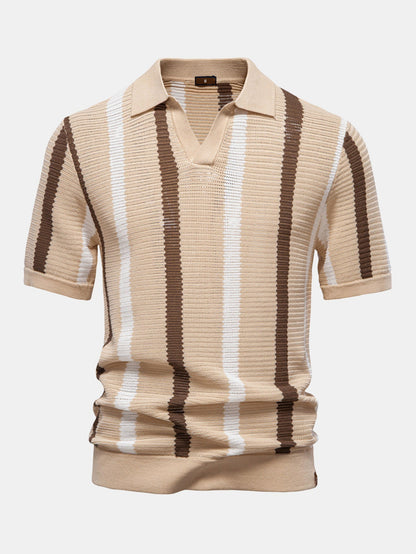 Stripe Knit V Neck Polo Shirt - Naturzy