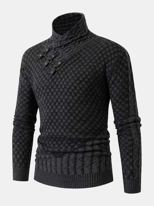 Leather Buckle Knitted Jacquard Turtleneck Sweater - Naturzy