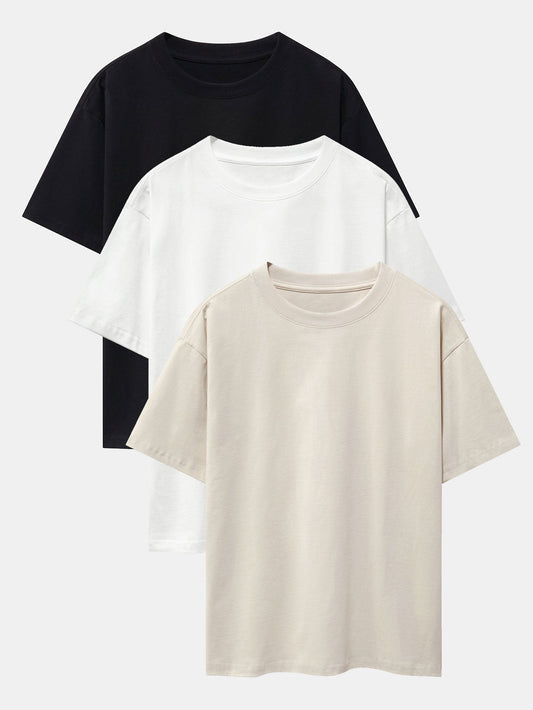3 Pieces Basic Heavy Weight Drop Shoulder Oversize T-Shirts - Naturzy