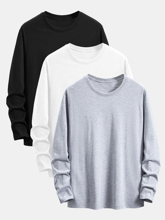 3 Pieces Basic Long Sleeve Cotton T-Shirts - Naturzy