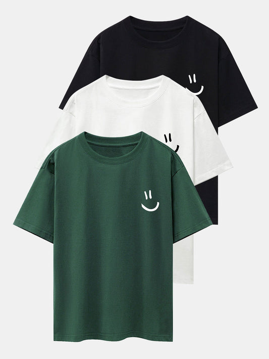 3 Pieces Smiley Face Print Drop Shoulder Oversize T-Shirts - Naturzy