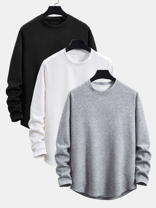 3 Pieces Long Sleeve Stripe Jacquard Arc Hem T-Shirts - Naturzy