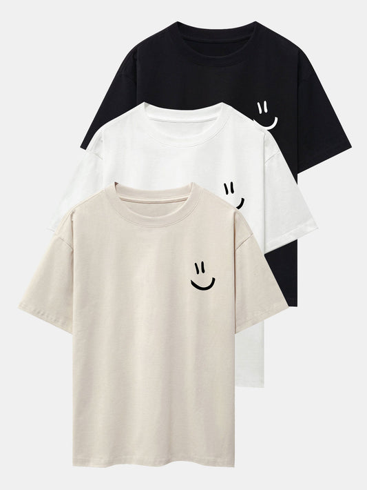 3 Pieces Smiley Face Print Drop Shoulder Oversize T-Shirts - Naturzy