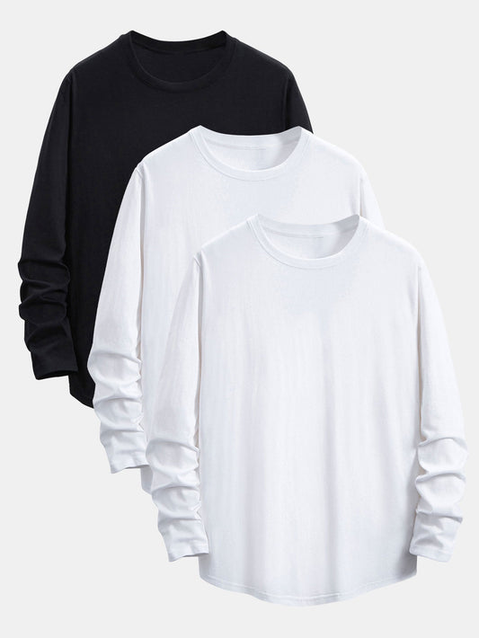 3 Pieces Basic Long Sleeve Cotton Arc Hem T-Shirts - Naturzy