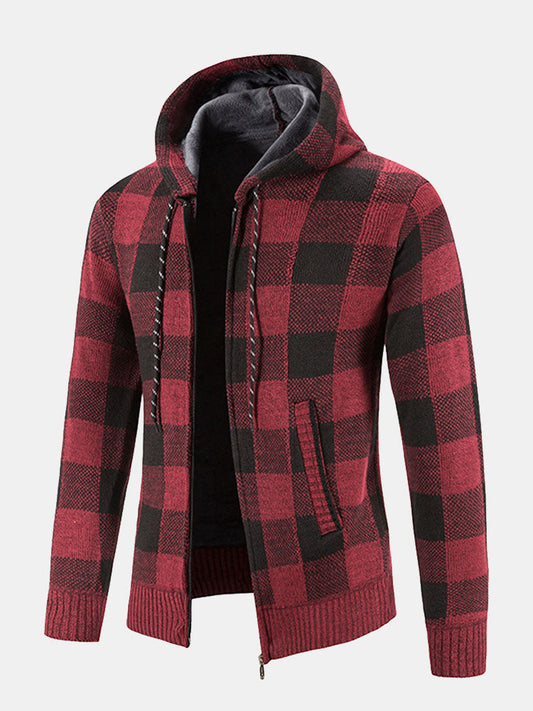 Plaid Zip Up Hooded Sweater - Naturzy