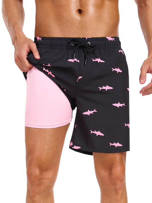 2 In 1 Pink Shark Print Swim Shorts - Naturzy