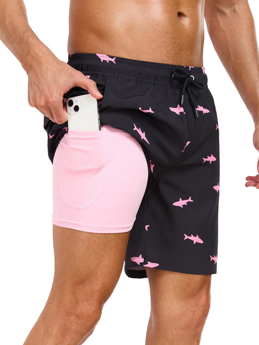2 In 1 Pink Shark Print Swim Shorts - Naturzy