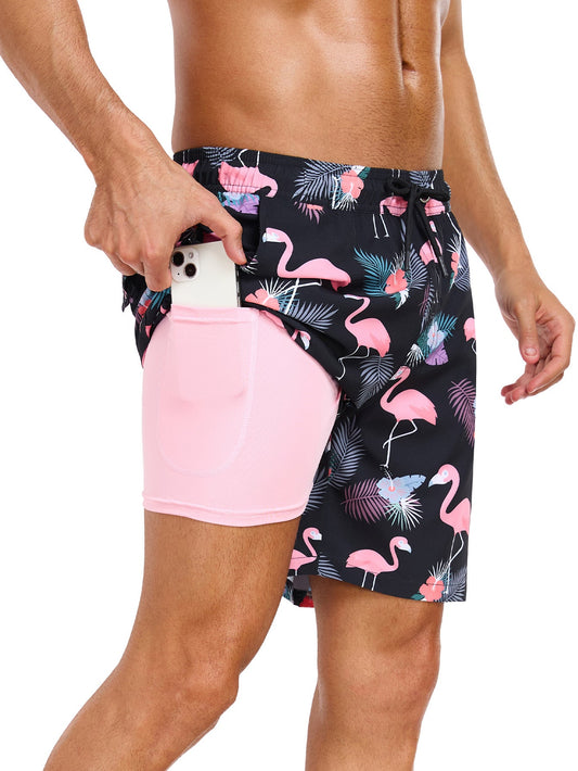 2 In 1 Tropical Flamingo Print Swim Shorts - Naturzy