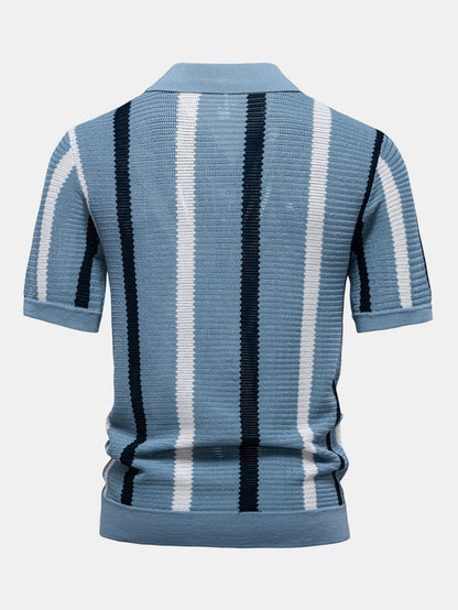 Stripe Knit V Neck Polo Shirt - Naturzy