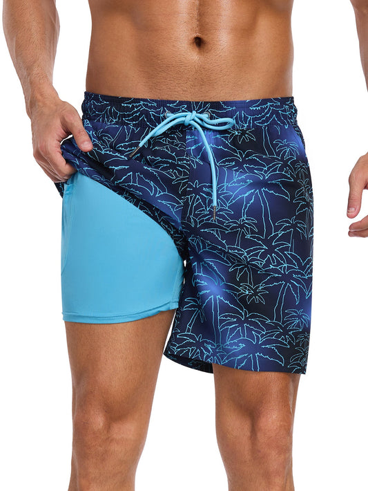 2 In 1 Palm Tree Print Swim Shorts - Naturzy