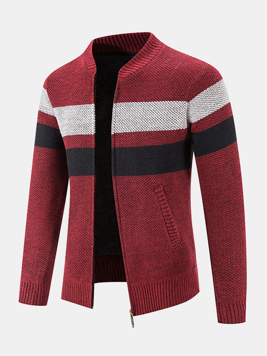 Striped Baseball Collar Teddy Lined Zip Up Sweater - Naturzy
