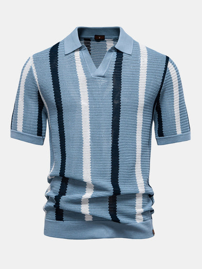 Stripe Knit V Neck Polo Shirt - Naturzy