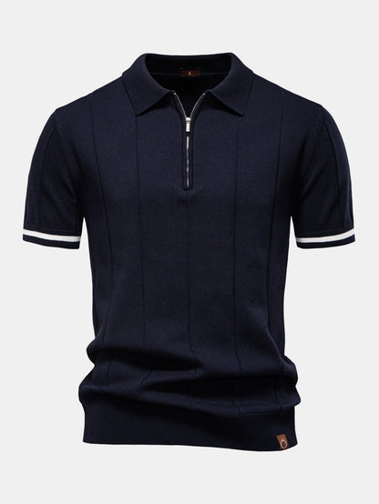 Contrast Trim Zipper Knit Polo Shirt - Naturzy
