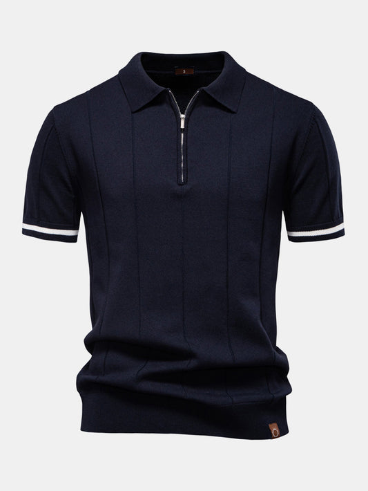 Contrast Trim Zipper Knit Polo Shirt - Naturzy