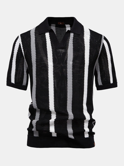 Stripe Knit V Neck Polo Shirt - Naturzy