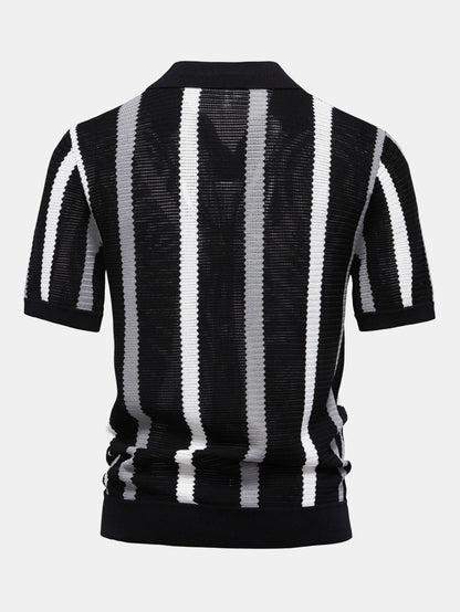 Stripe Knit V Neck Polo Shirt - Naturzy