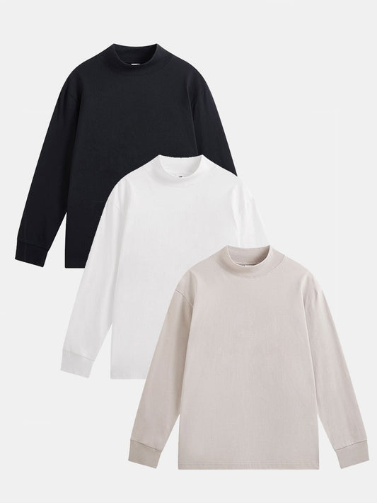 3 Pieces Basic Long Sleeve Mock Neck T-Shirt - Naturzy