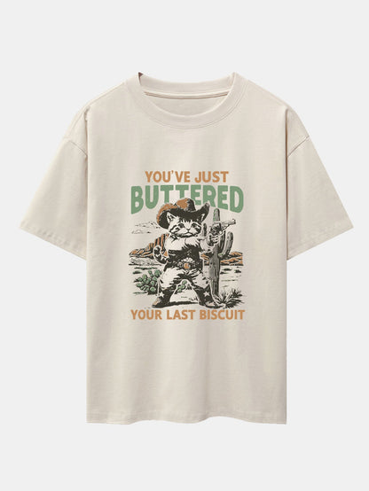 Cowboy Cat Print Drop Shoulder Oversize T-Shirt - Naturzy