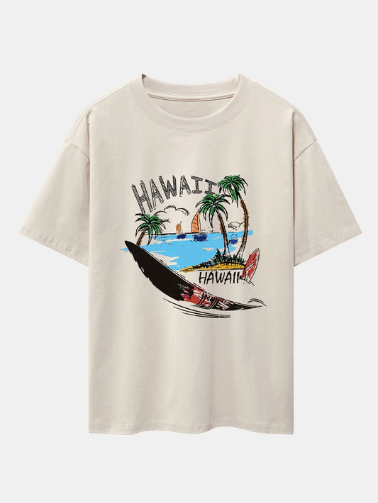 Hawaii Beach Print Drop Shoulder Oversize T-Shirt - Naturzy