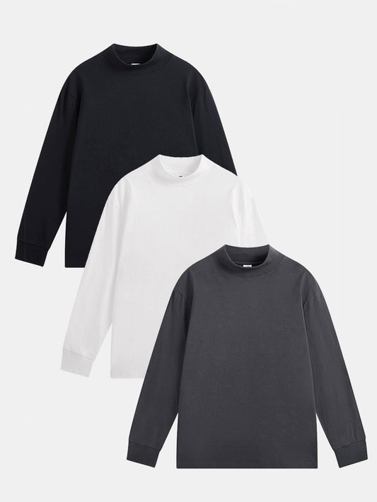 3 Pieces Basic Long Sleeve Mock Neck T-Shirt - Naturzy