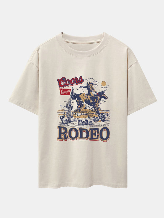 Western Cowboy Print Drop Shoulder Oversize T-Shirt - Naturzy