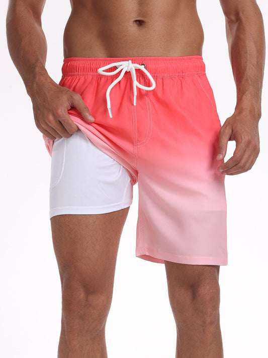 2 In 1 Drawstring Beach Swim Shorts With Pocket - Naturzy