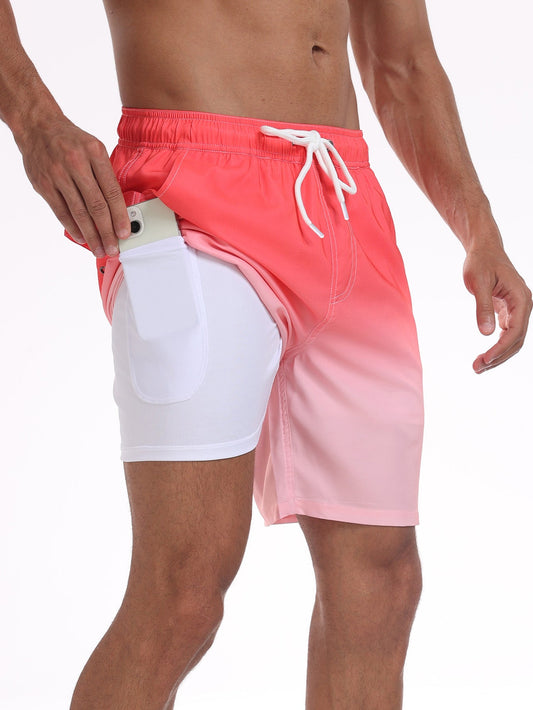 2 In 1 Drawstring Beach Swim Shorts With Pocket - Naturzy
