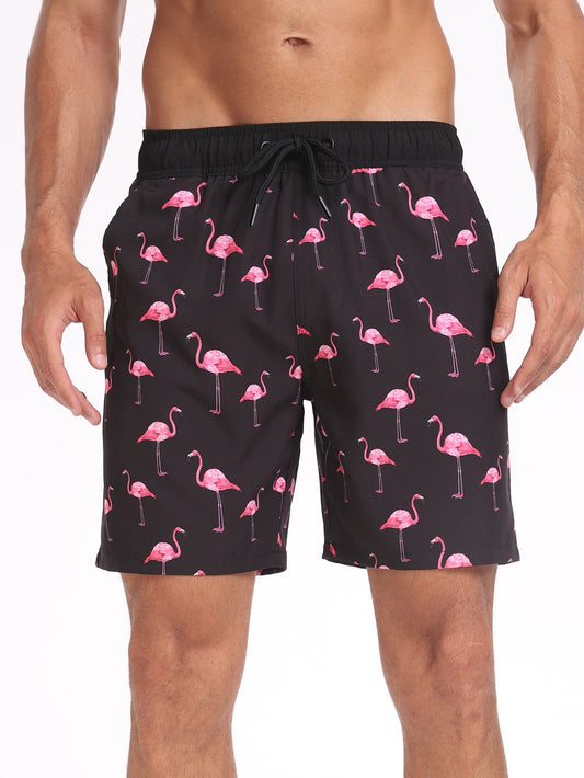 2 In 1 Flamingo Print Pocket Drawstring Swim Shorts - Naturzy