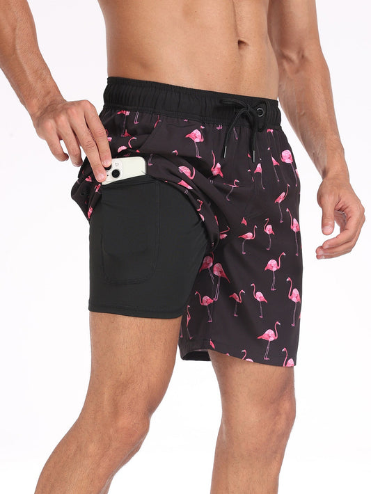 2 In 1 Flamingo Print Pocket Drawstring Swim Shorts - Naturzy