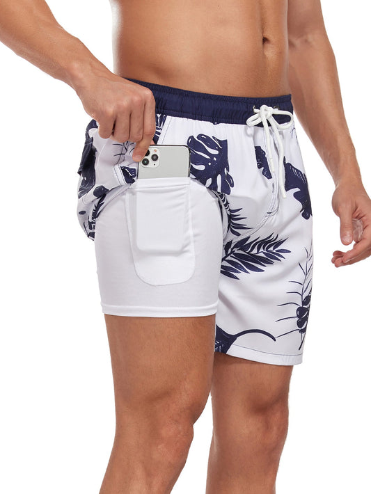 2 In 1 Tropical Leaves Print Swim Shorts - Naturzy