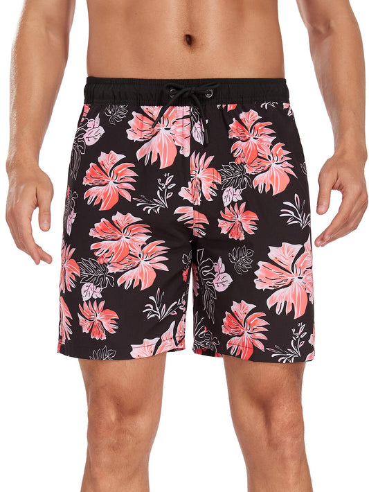 2 In 1 Tropical Flower Print Pocket Drawstring Swim Shorts - Naturzy
