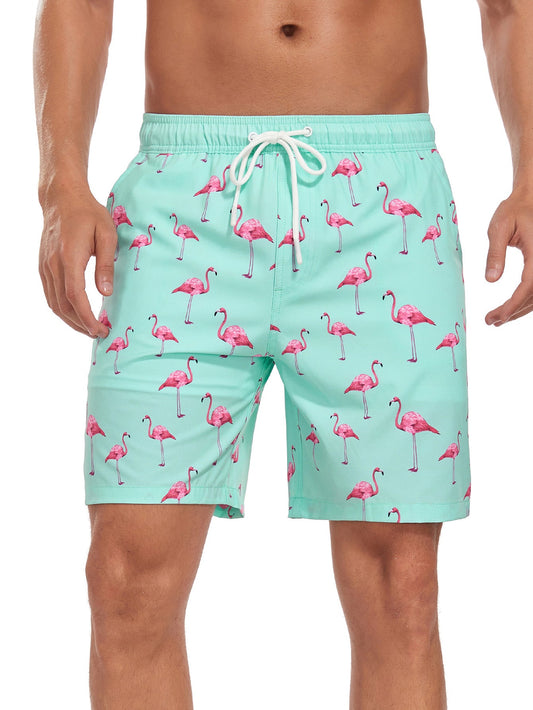 2 In 1 Flamingo Print Pocket Drawstring Swim Shorts - Naturzy