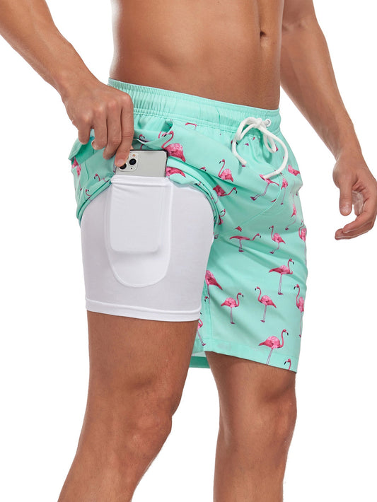 2 In 1 Flamingo Print Pocket Drawstring Swim Shorts - Naturzy