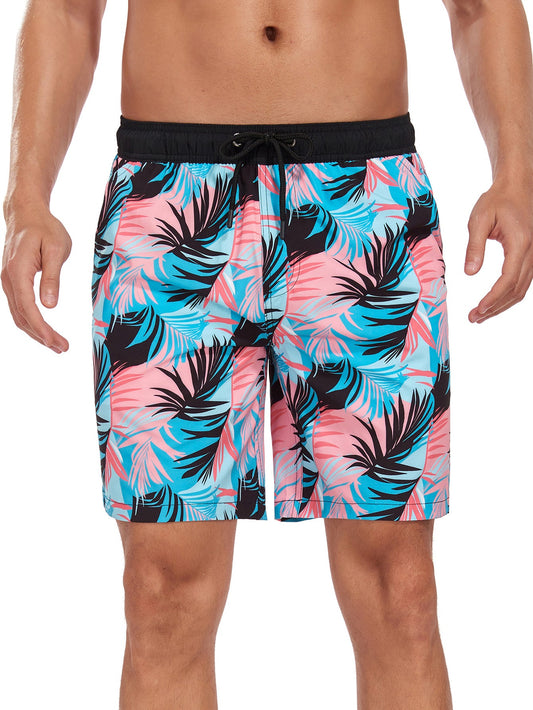 2 In 1 Tropical Leaves Print Pocket Drawstring Swim Shorts - Naturzy