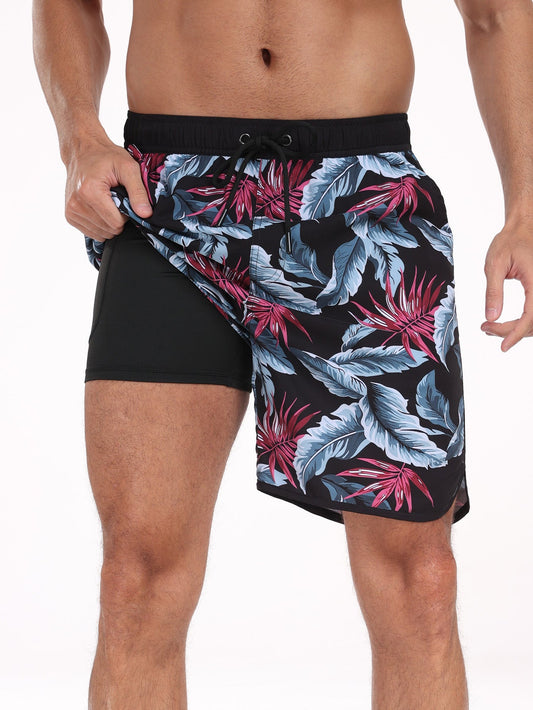 2 In 1  Leaf Print Swim Shorts - Naturzy