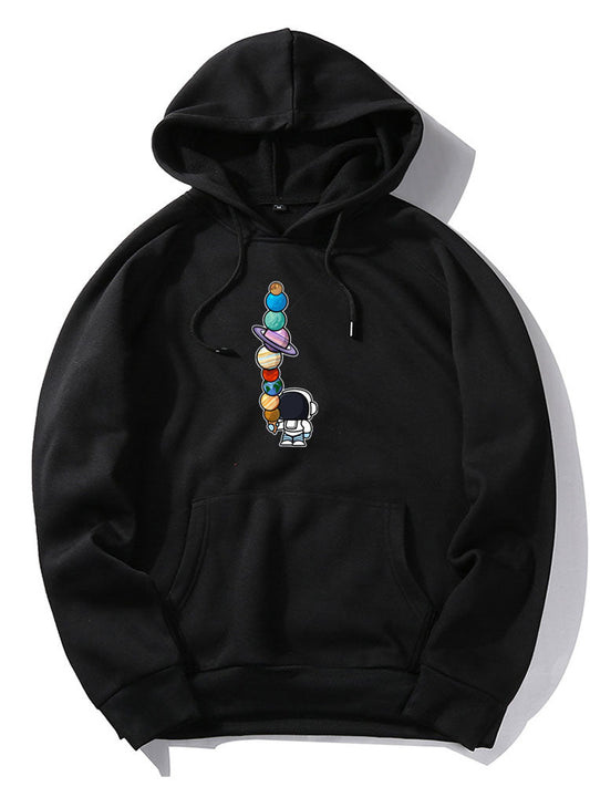 Cartoon Astronaut Planet Print Hoodie - Naturzy