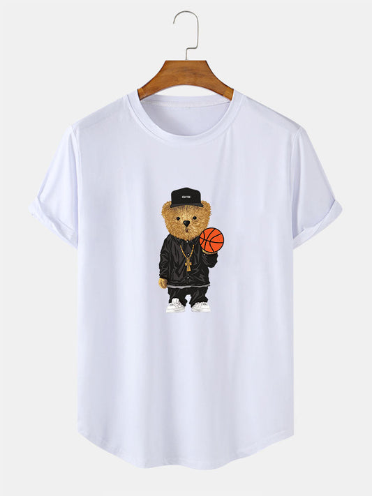 Basketball Bear Print Arc Hem T-Shirt - Naturzy