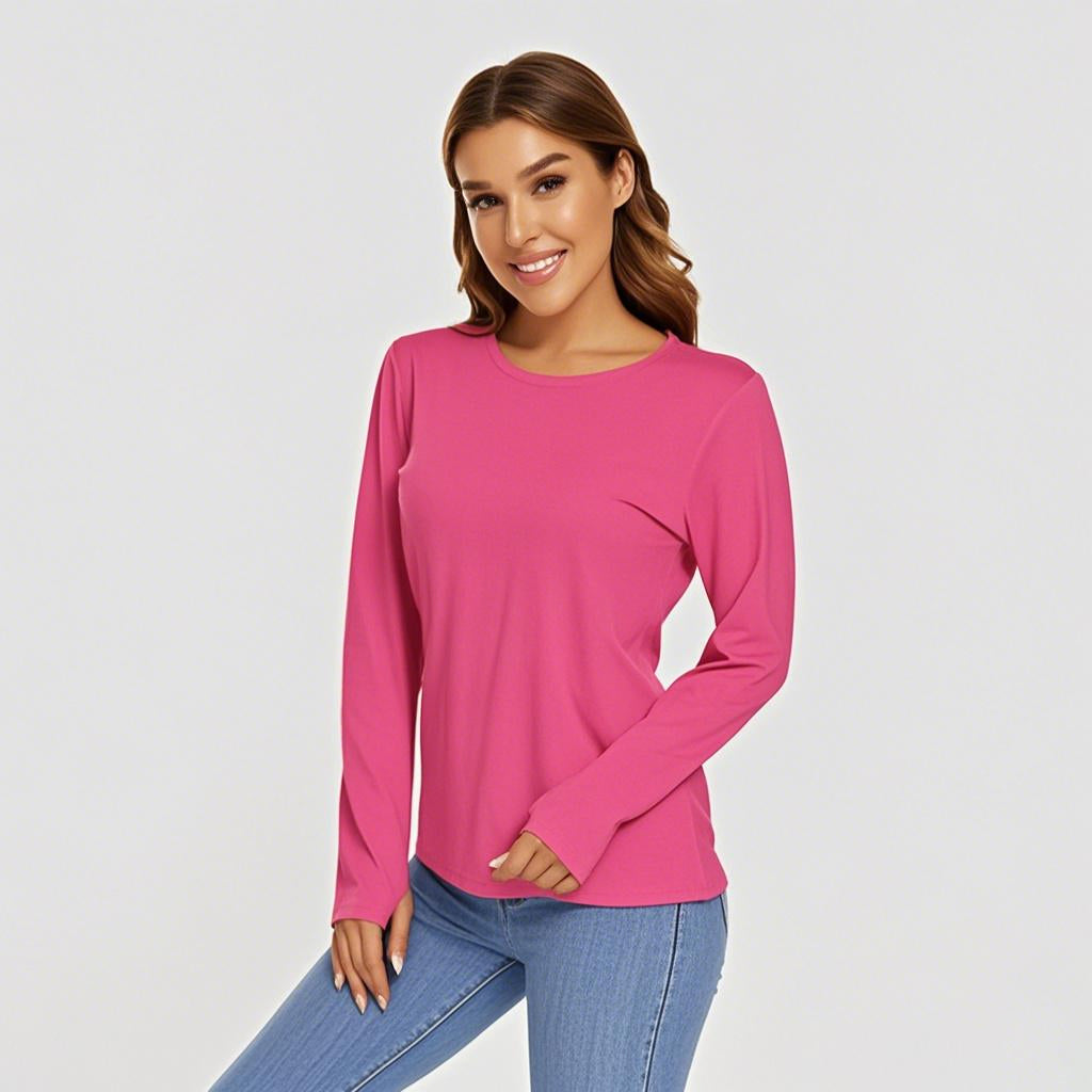 Women's UPF 50+ Hooded Sun Shirt. Made of 91% Polyester &amp; 9% Spandex, lightweight &amp; ultra - soft. UPF 50+ blocks 98% UVA/UVB. Quick - dry, breathable, with thumbholes &amp; hoodie. Reduces chafing. Ideal for yoga, hiking, running &amp; more outdoor sports.