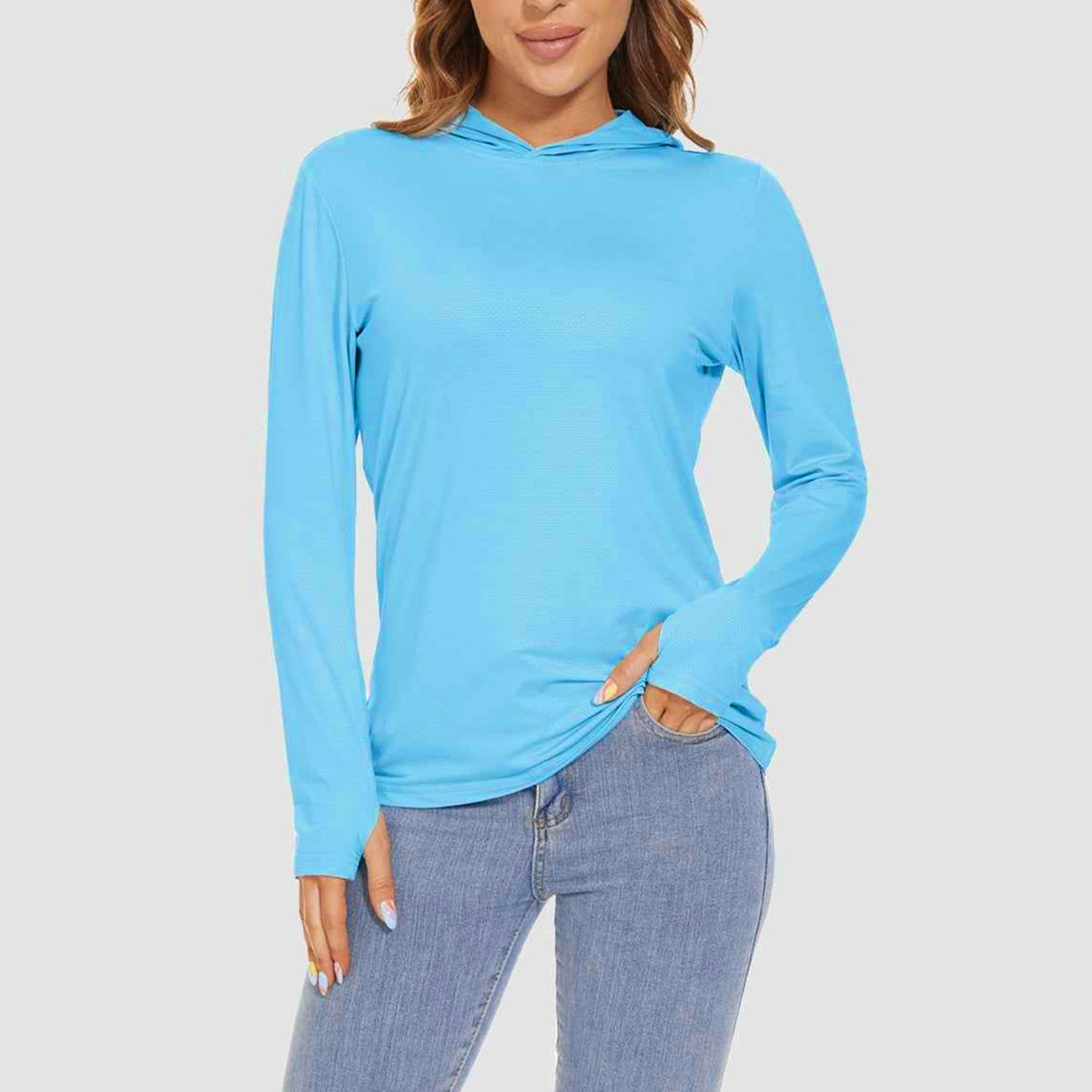 Women's UPF 50+ Hooded Sun Shirt. Made of 91% Polyester &amp; 9% Spandex, lightweight &amp; ultra - soft. UPF 50+ blocks 98% UVA/UVB. Quick - dry, breathable, with thumbholes &amp; hoodie. Reduces chafing. Ideal for yoga, hiking, running &amp; more outdoor sports.