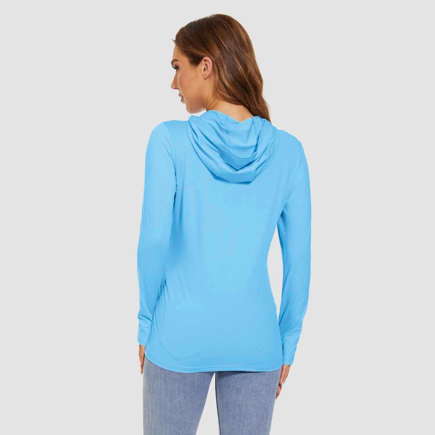 Women's UPF 50+ Hooded Sun Shirt. Made of 91% Polyester &amp; 9% Spandex, lightweight &amp; ultra - soft. UPF 50+ blocks 98% UVA/UVB. Quick - dry, breathable, with thumbholes &amp; hoodie. Reduces chafing. Ideal for yoga, hiking, running &amp; more outdoor sports.