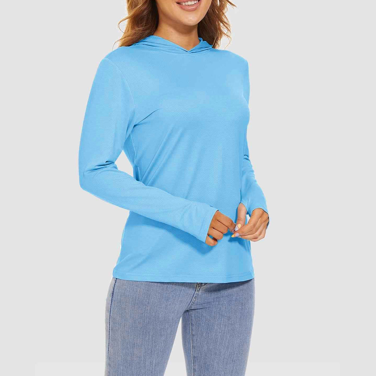 Women's UPF 50+ Hooded Sun Shirt. Made of 91% Polyester &amp; 9% Spandex, lightweight &amp; ultra - soft. UPF 50+ blocks 98% UVA/UVB. Quick - dry, breathable, with thumbholes &amp; hoodie. Reduces chafing. Ideal for yoga, hiking, running &amp; more outdoor sports.